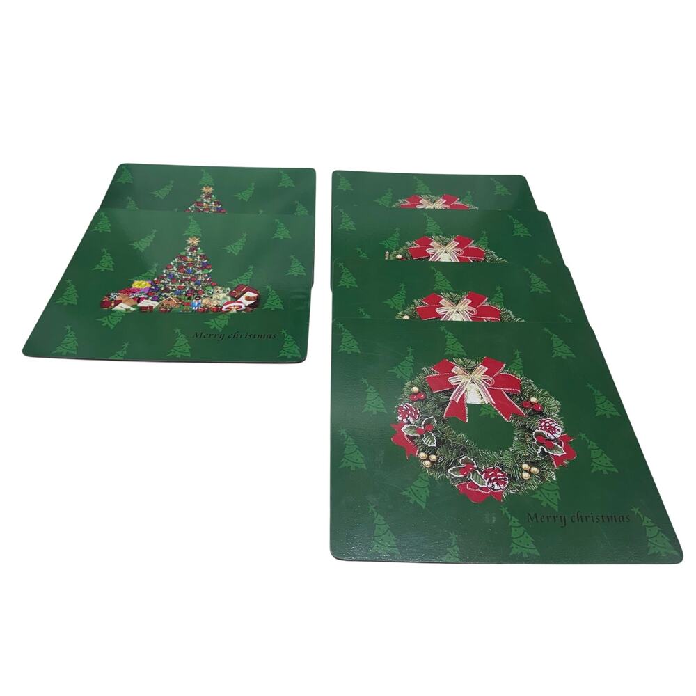Set of 6 Christmas Tree &‎ Wreath Cork Placemats Holiday Red & Green Dinner Mats